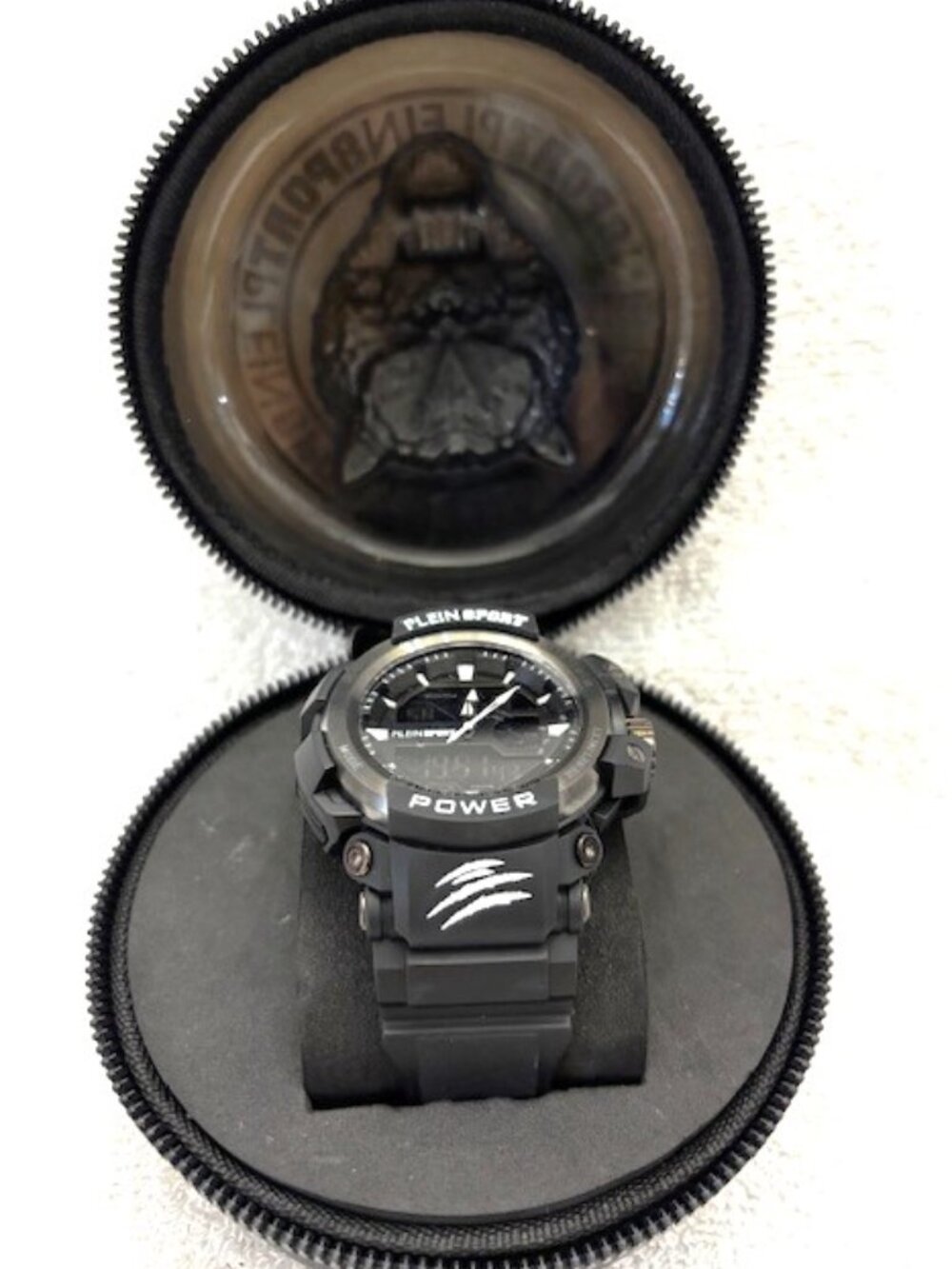 Philipp Plein Sport SS23 black Wildcat watch in logo zippered housing NWT